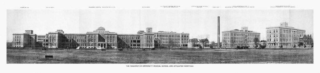 Washington University Medical Campus, 1915. Care for Black hospital patients is restricted to the two houses, seen just left of the smokestack.