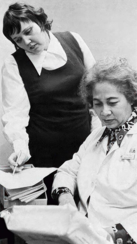 Velma Murphy Jones, right, pictured in the Barnes Hospital Bulletin, February 1976